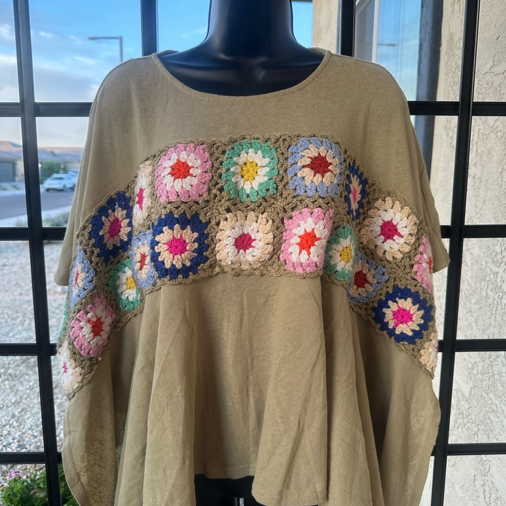 Savanna Jane,  Boho Style, Tan and Pink Crochet Shrug Preloved